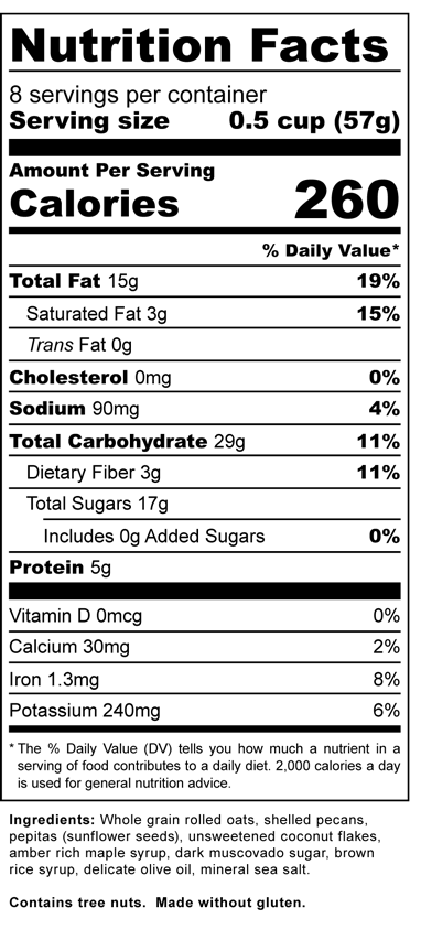 Morning Glory Granola - Nutrition Label